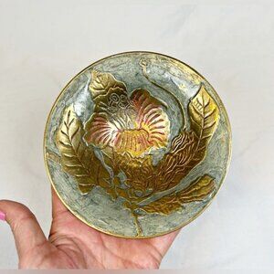 Vintage Floral Etched Brass Footed Pedestal Trinket Dish~India
